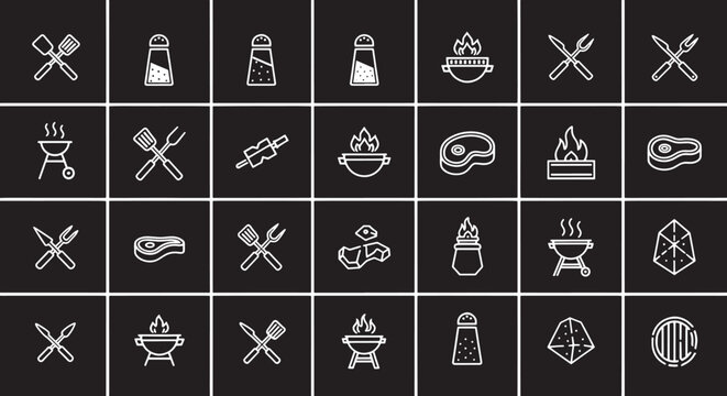 Collection of white line for grilling and cooking on black background