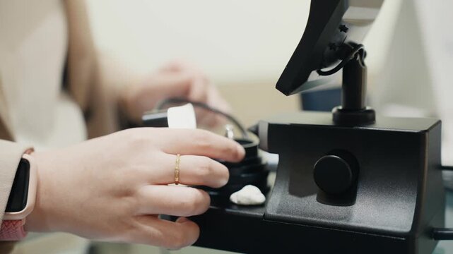Jeweler inspecting a diamond ring with microscope