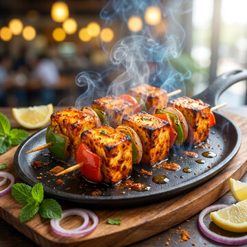 Paneer Tikka Sizzler Skewers Grilled Indian Cheese with Vegetables