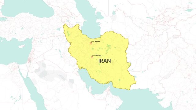 Animated political map of Iran showing major cities appearing sequentially in a video