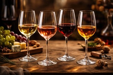 Naklejka premium Artful presentation of four filled wine glasses showcasing unique wine colors on a natural wood table