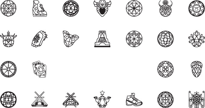 Collection of black and white line featuring geometric shapes and symbol line outline