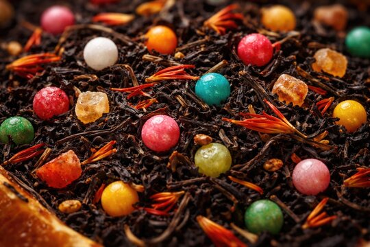 Inviting close up herbal tea featuring black tea, sweet fruit flavored sugar dragees, and safflower accents