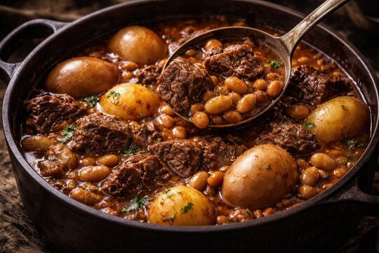 Authentic Jewish slow cooked Cholent with tender beef potatoes beans and boiled eggs
