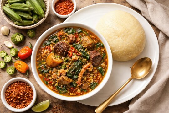 Flat lay of homemade okra soup and eba arranged on a white porcelain plate