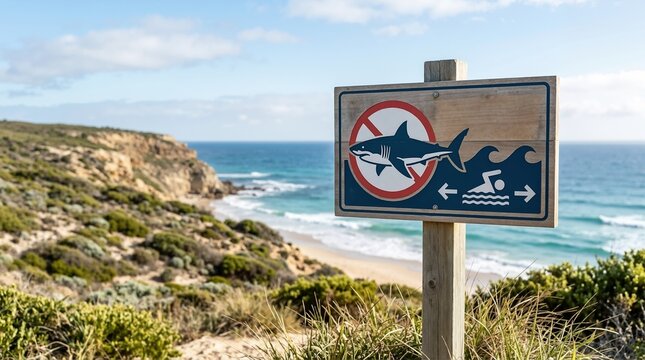 Wooden shark warning sign on a coastal dune. Danger hazard symbol for swimmers on the beach with ocean and cliffs in the background
