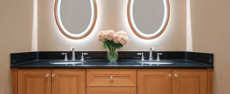Modern single vanity evokes luxury with black granite and warm oak in a serene bathroom.