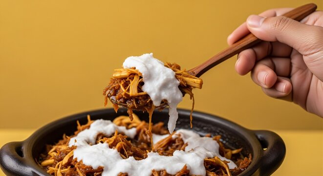 Hand taking a spoonful of sweet jackfruit stew (gudeg) with thick coconut cream (areh), plain mustard yellow background.