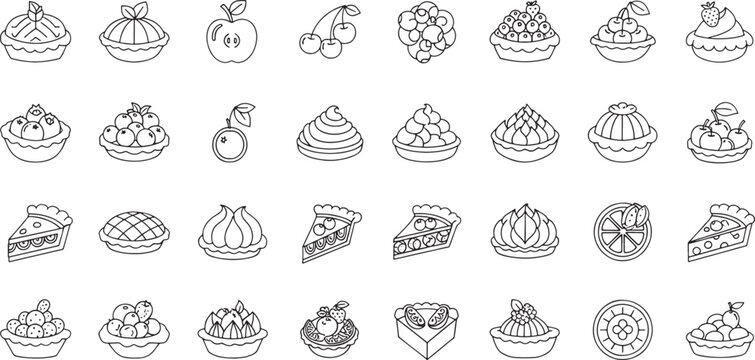 Collection of black and white line of various desserts and fruits cake cupcake