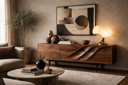 Living room with artistic composition wooden commode and sophisticated lamp design