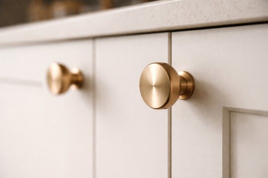 Detailed view of round knobs on modern kitchen cabinet doors
