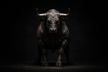 Fototapeta premium Imposing bull figure centered on a deep black canvas