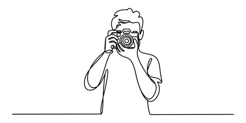Obraz premium Continuous line drawing of a young man taking a photo with a camera