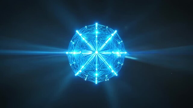 Radiant geometric sphere made of connected nodes emits intense light beams, representing artificial intelligence core systems, data networks, and high-tech computational structures.