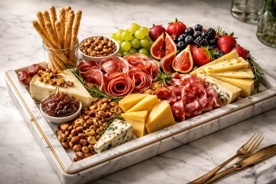 Elegant marble tray presentation with mixed cheeses, ham, seasonal fruit, nuts, and artisan breadsticks side perspective