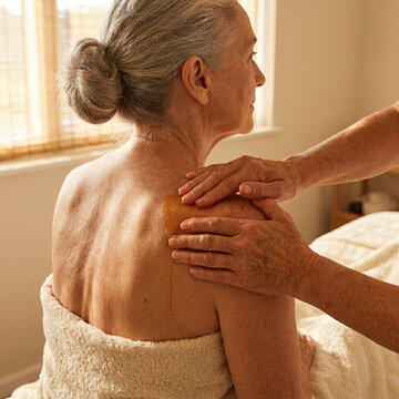Senior Woman Receiving Shoulder Massage In Home Care
