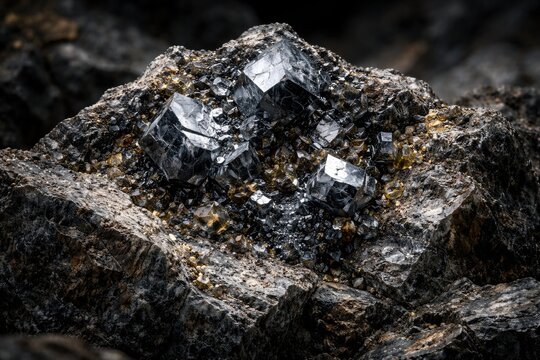 Lead and zinc mineral ore with clear crystalline structure displayed on jagged rock surface