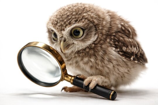 Fifty day old Athene noctua owl exploring with magnifier on white background
