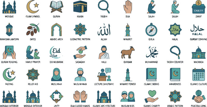 Set of flat vector icons related to Islamic culture, symbols, and religious practices.