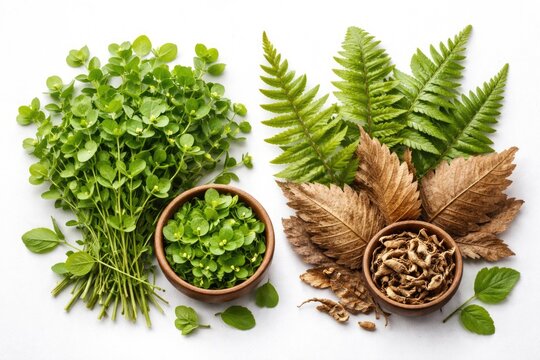 Fresh Brahmi and Drynaria Leaves Displayed on White Background Suitable for Health and Wellness Text