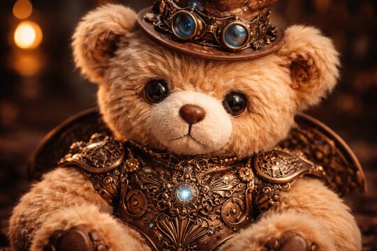 intimate closeup of a cute teddy bear decorated with ornate steampunk metalwork