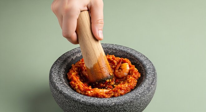 Hand holding a small wooden pestle over a stone mortar filled with red chili shrimp paste (sambal terasi), plain sage green background.