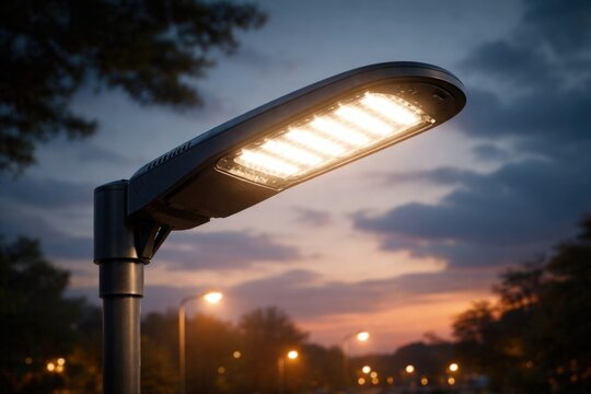 Energy efficient LED streetlight glowing against evening backdrop