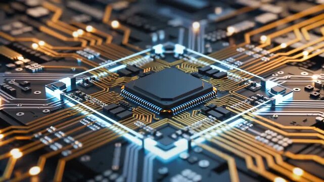 Ultra detailed cinematic macro shot of a futuristic microchip with glowing circuits and data pathways, representing advanced computing, artificial intelligence and high speed processing.