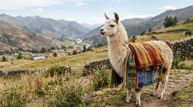 White llama wearing a colorful traditional woven blanket in the Andes mountains. South American landscape with valley and river. Peruvian wildlife and travel destination