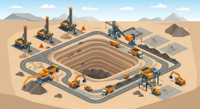 Open Pit Mine With Heavy Machinery And Trucks.