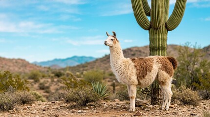 Obraz premium Llama standing by a saguaro cactus in a desert landscape. Brown and white llama in arid wilderness. Southwest nature scene