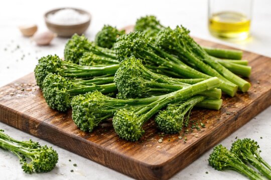 Broccolini sprouts spread on wooden board over bright white background ideal for cooking presentation
