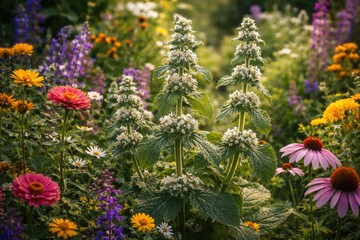 Obraz premium Horehound blossoms framed by diverse colorful garden flowers