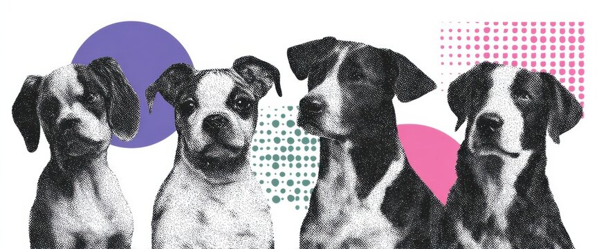 Dogs dance in a colorful halftone art collage of playful paper shapes on white.