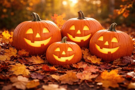 Happy pumpkins sitting atop a scattered pile of crisp fall leaves