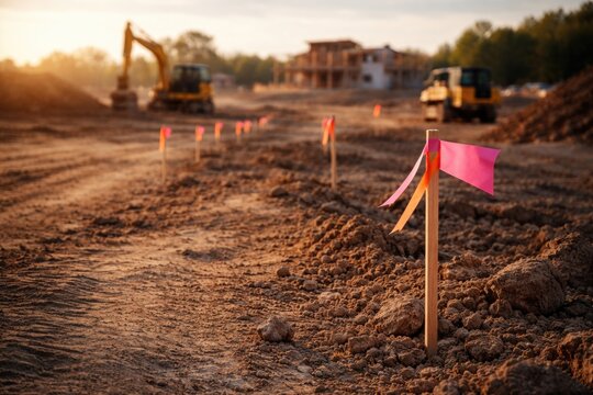Construction site with flagged survey stakes highlighting plot boundaries and copy space