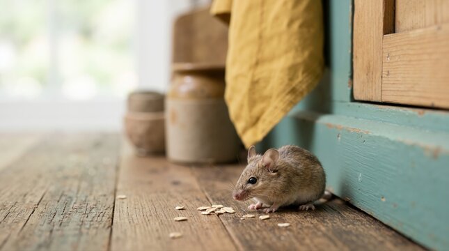 House mouse eating oat flakes on a rustic wooden floor. Small brown rodent foraging in a kitchen pantry. Domestic pest near a turquoise cabinet