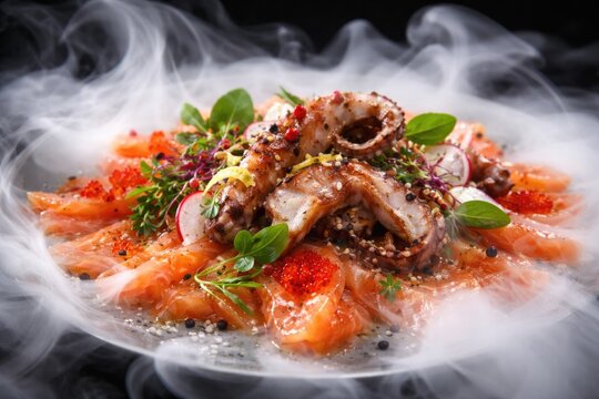 Close up capture of smoked salmon carpaccio and octopus in white vapor swirl