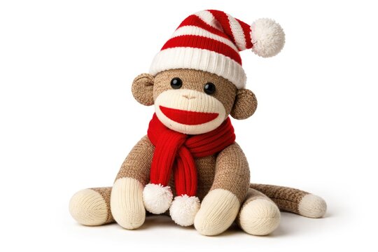 Festive sock monkey in a red and white striped hat posed against a clean white background suitable for nostalgic holiday designs
