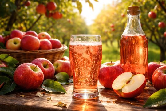 Bright orchard setting showing ripe red apples and a glass of rose apple cider
