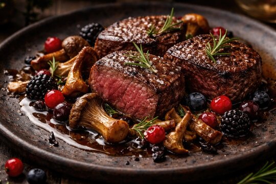 Close up of golden fried venison medallions with saut&Atilde;&copy;ed wild mushrooms and fresh berries on rustic dish perfect for gourmet showcase