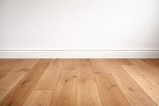 Natural timber floorboards beside white wall featuring elegant floor skirting in copy space backdrop