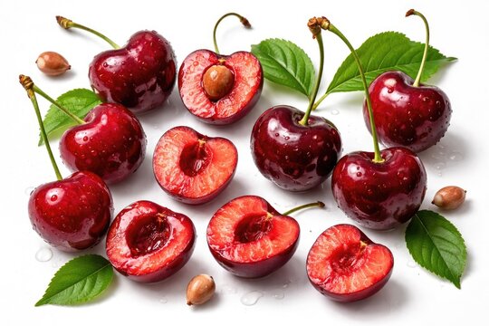 Arrangement of sweet cherries including whole, pitted, and pitless halves on white backdrop