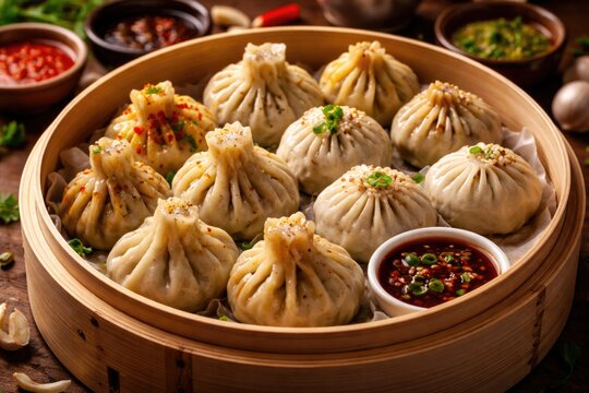 Assorted Khinkali Momo Buuz and Xiaolongbao served in bamboo steamer