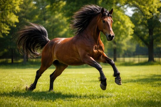 Energetic pet equine frolicking on a rich green grass lawn under summer sun full length