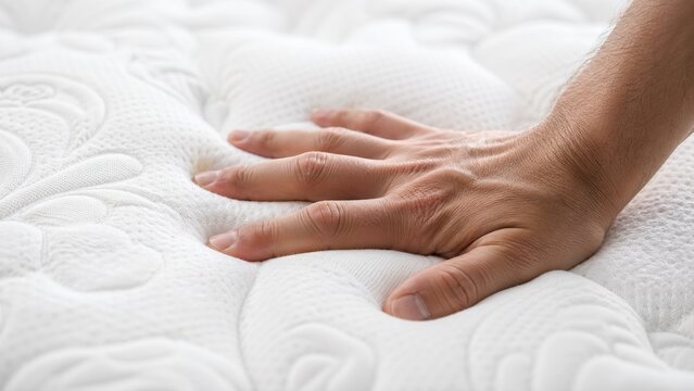Mans hand pressing into soft orthopedic memory foam mattress showcases comfortable white hypoallergenic topper and textile textures for healthy sleep quality