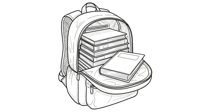 Open Backpack Filled With Books And Notebooks Sketch.