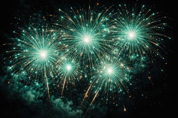 Fototapeta premium Bright emerald firework sparks creating a dazzling display in the night sky horizontal shot
