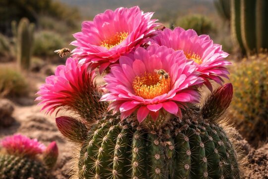 Echinopsis hybrid cactus with bright pink flower cluster illustrating pollination and display traits