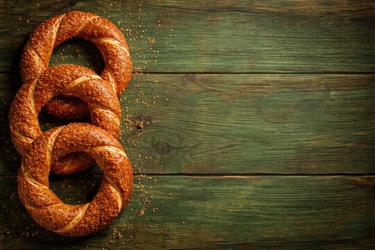 Green wooden textured background with iconic Turkish simit bagel and copy space